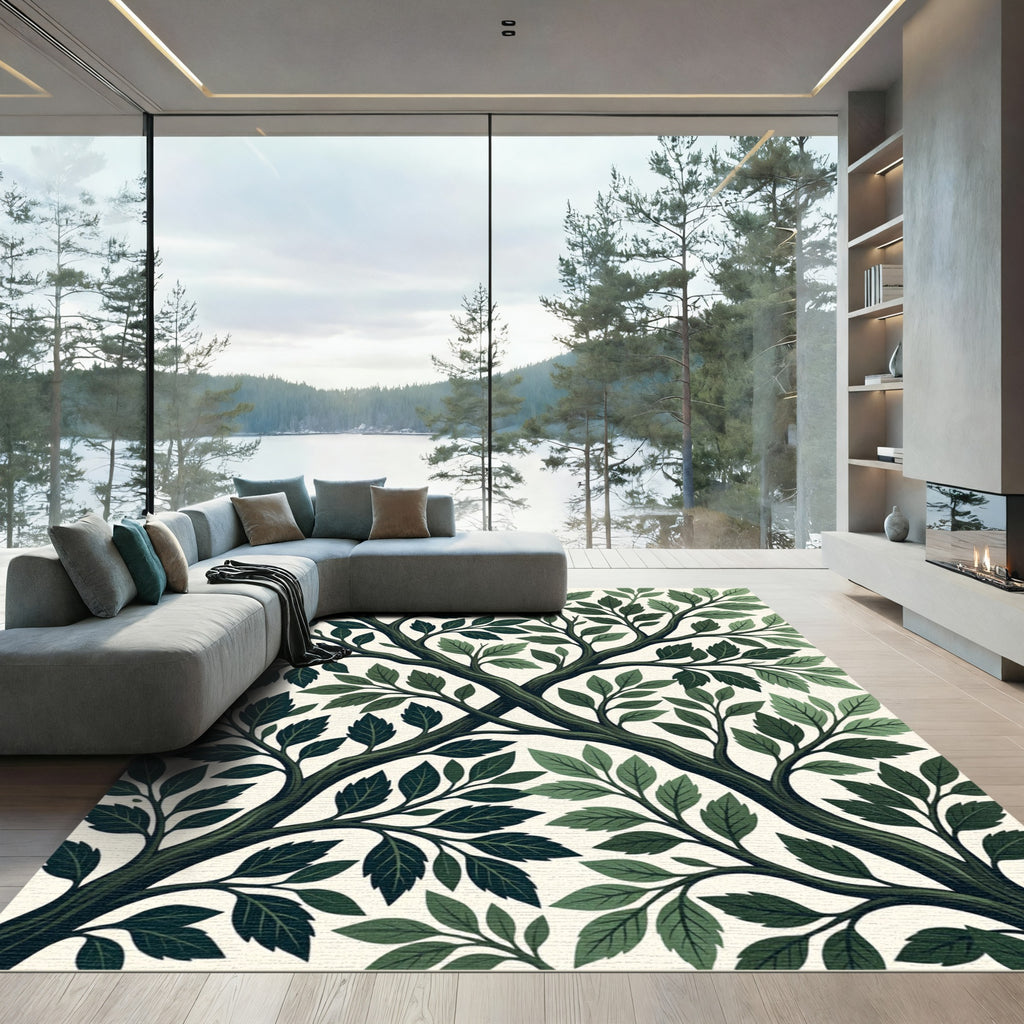 Dark Green Branch Leaf Tree Meadow Rug