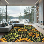 Golden Marigold Floral Scroll Black Rug