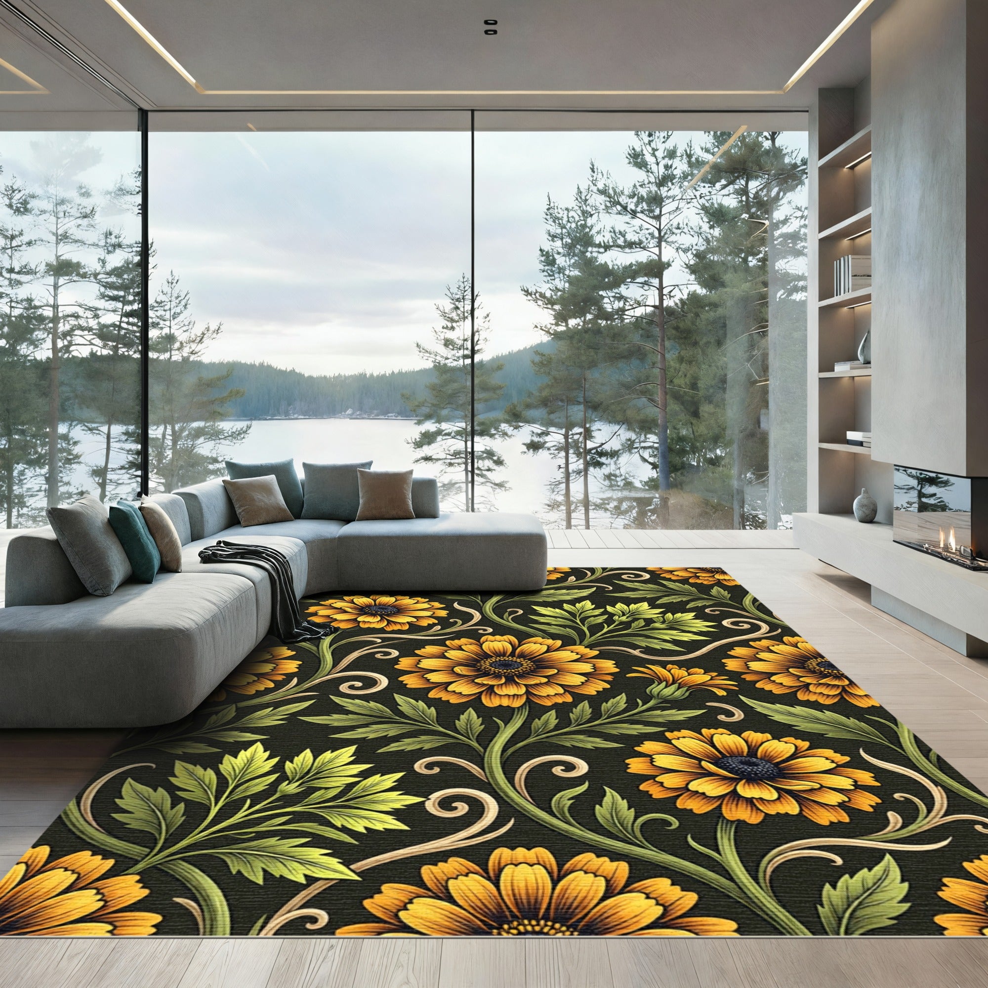 Golden Marigold Floral Scroll Black Rug