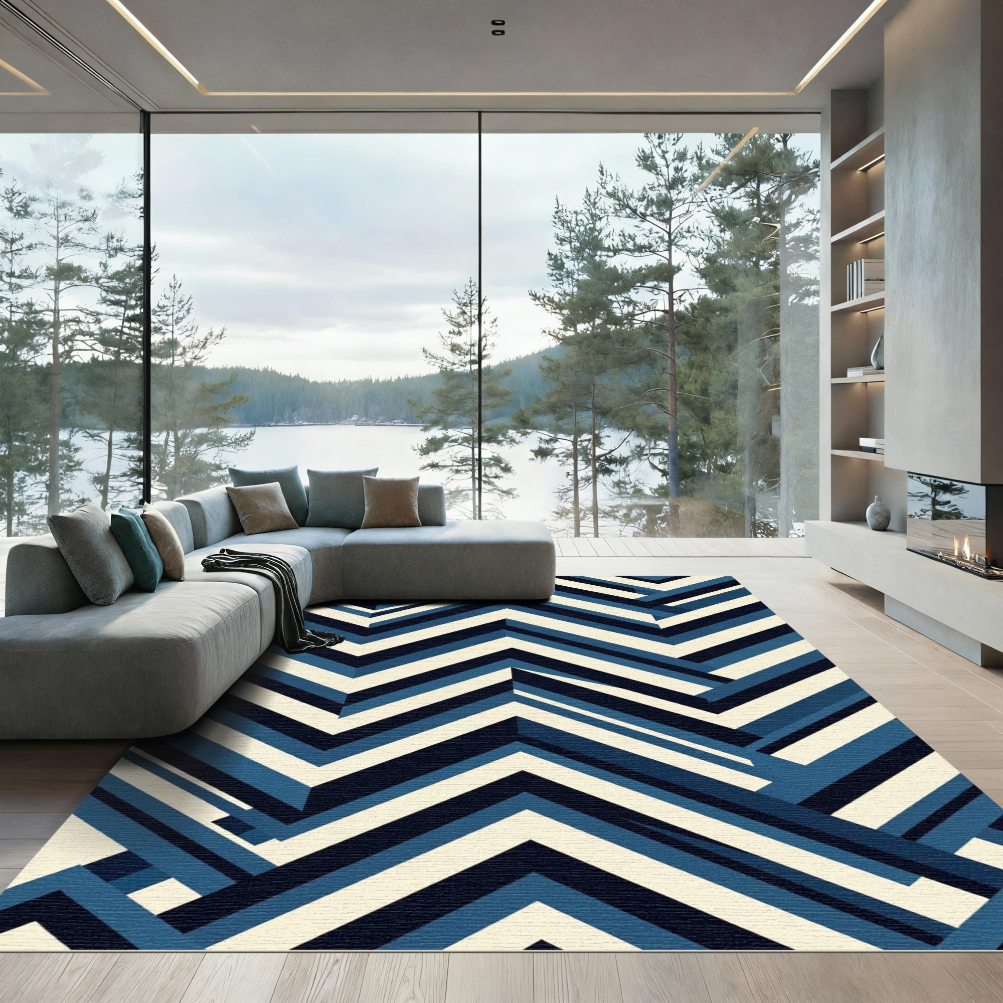 Geometric Chevron Blue Ivory Rug