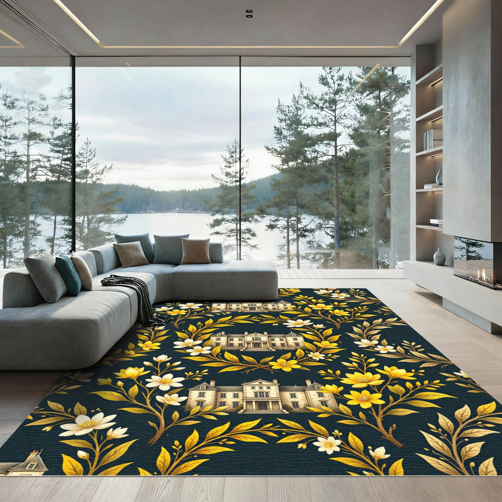 Golden Manor Blossoms on Dark Navy Rug