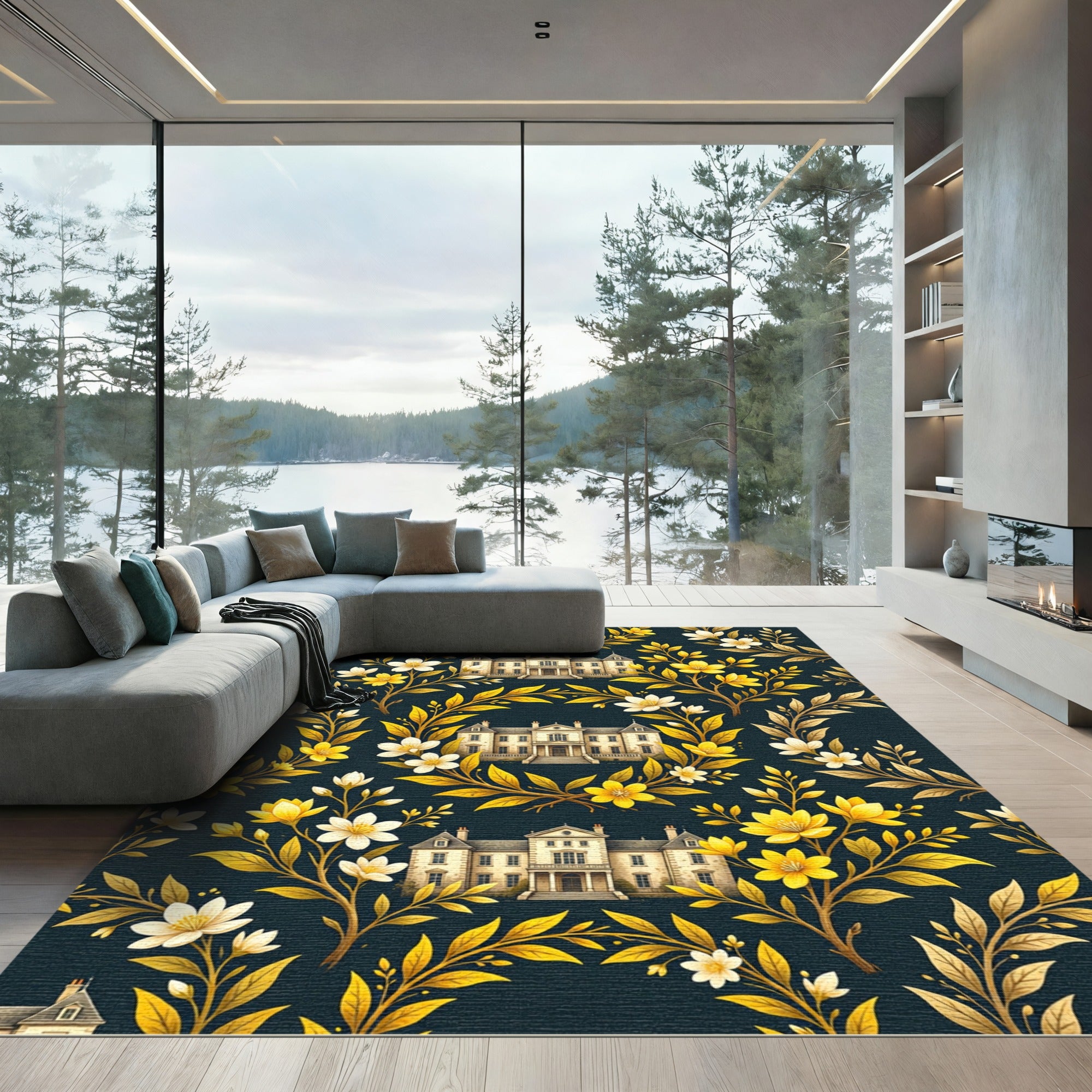 Golden Manor Blossoms on Dark Navy Rug