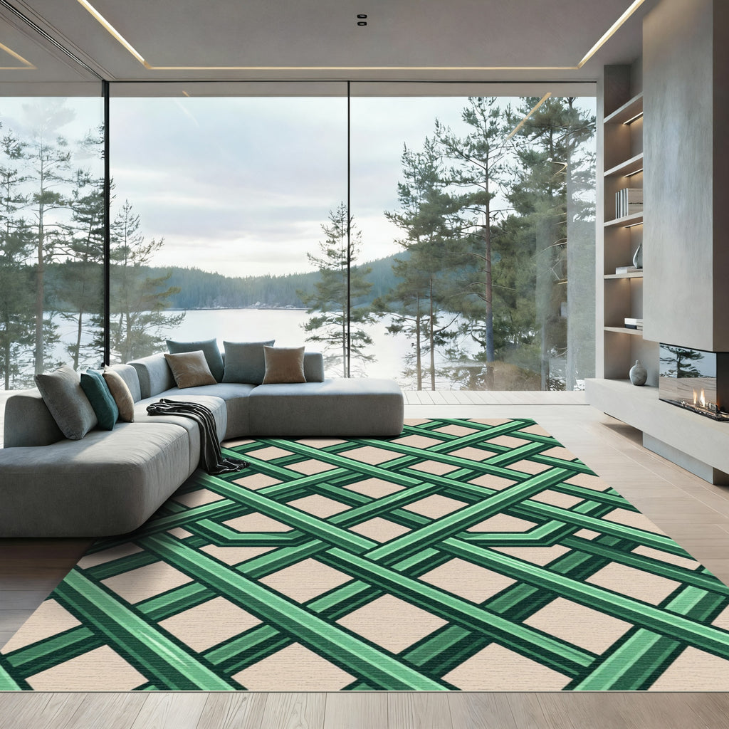 Emerald Green Intersecting Geometric Lattice Rug