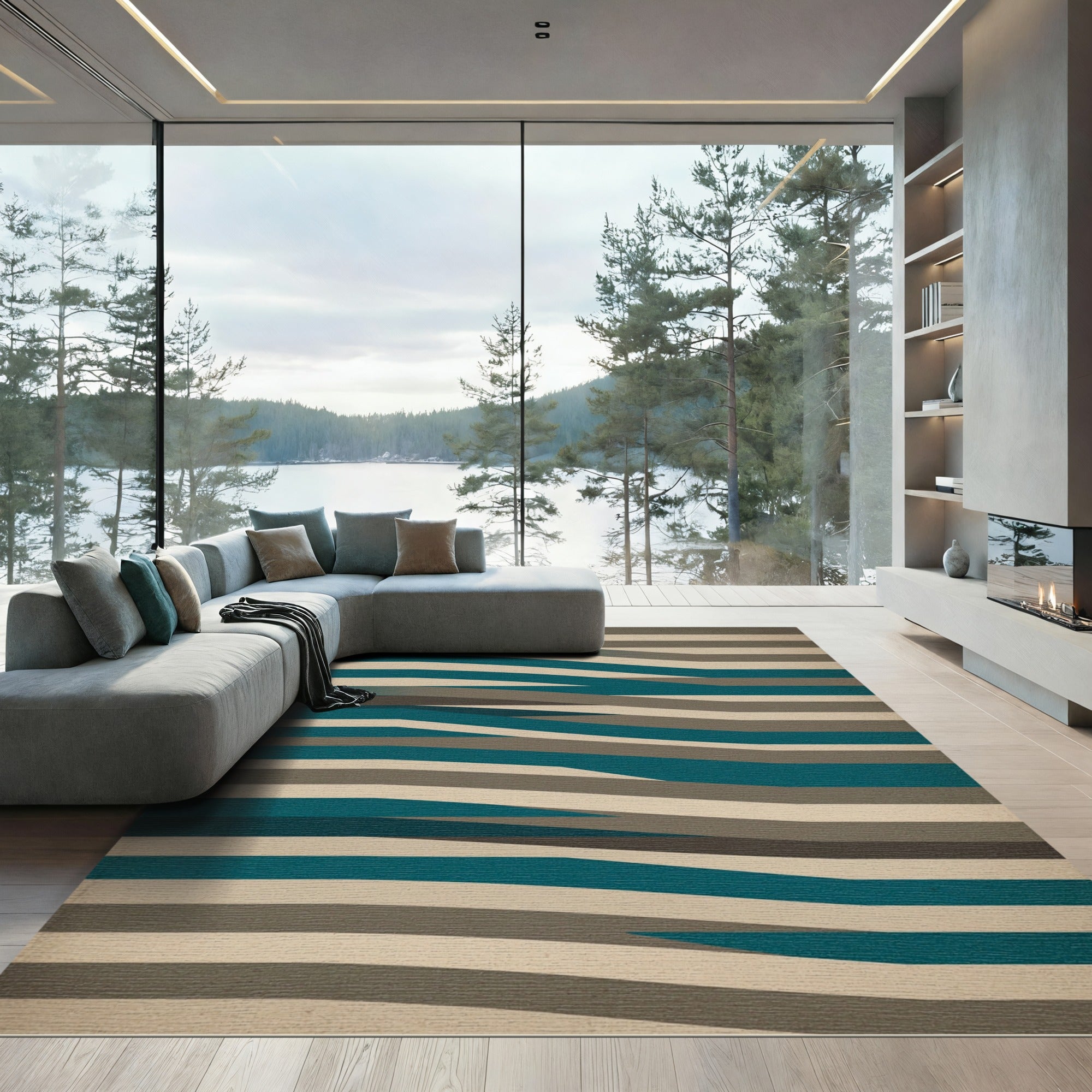 Aqua Gray Modern Woven Stripes Rug