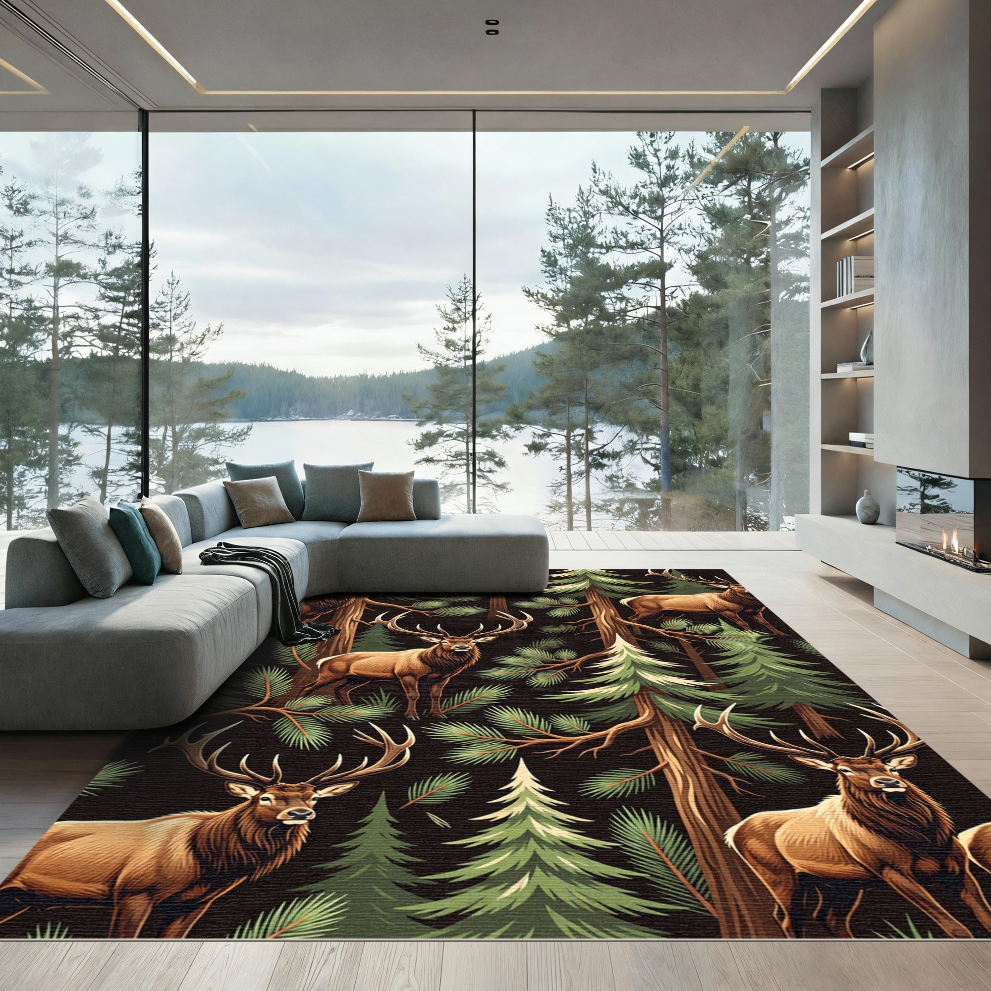 Majestic Elk Forest Scene Rug