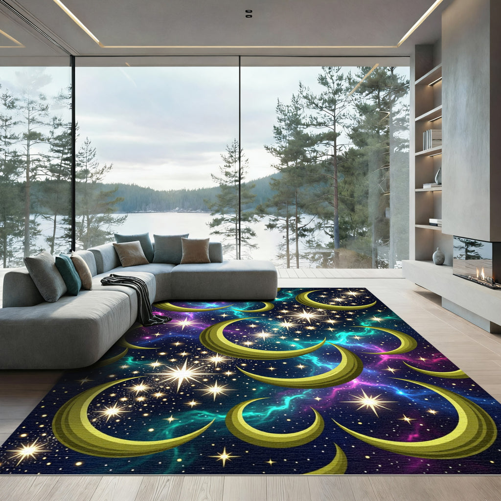Golden Crescent Moons Starry Galaxy Rug