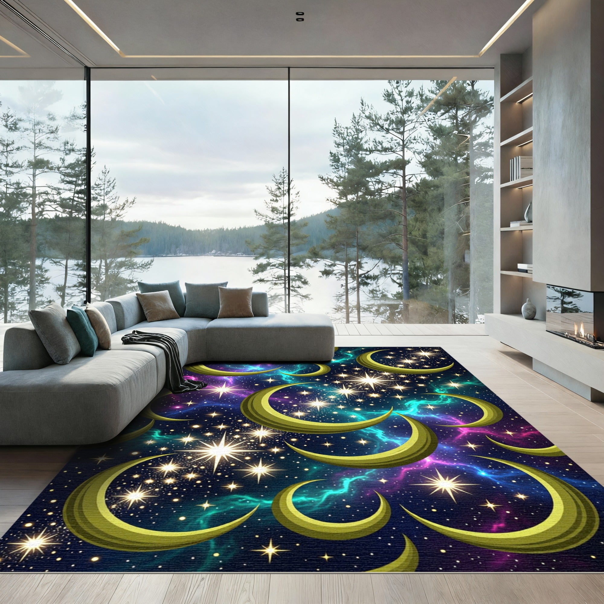 Golden Crescent Moons Starry Galaxy Rug