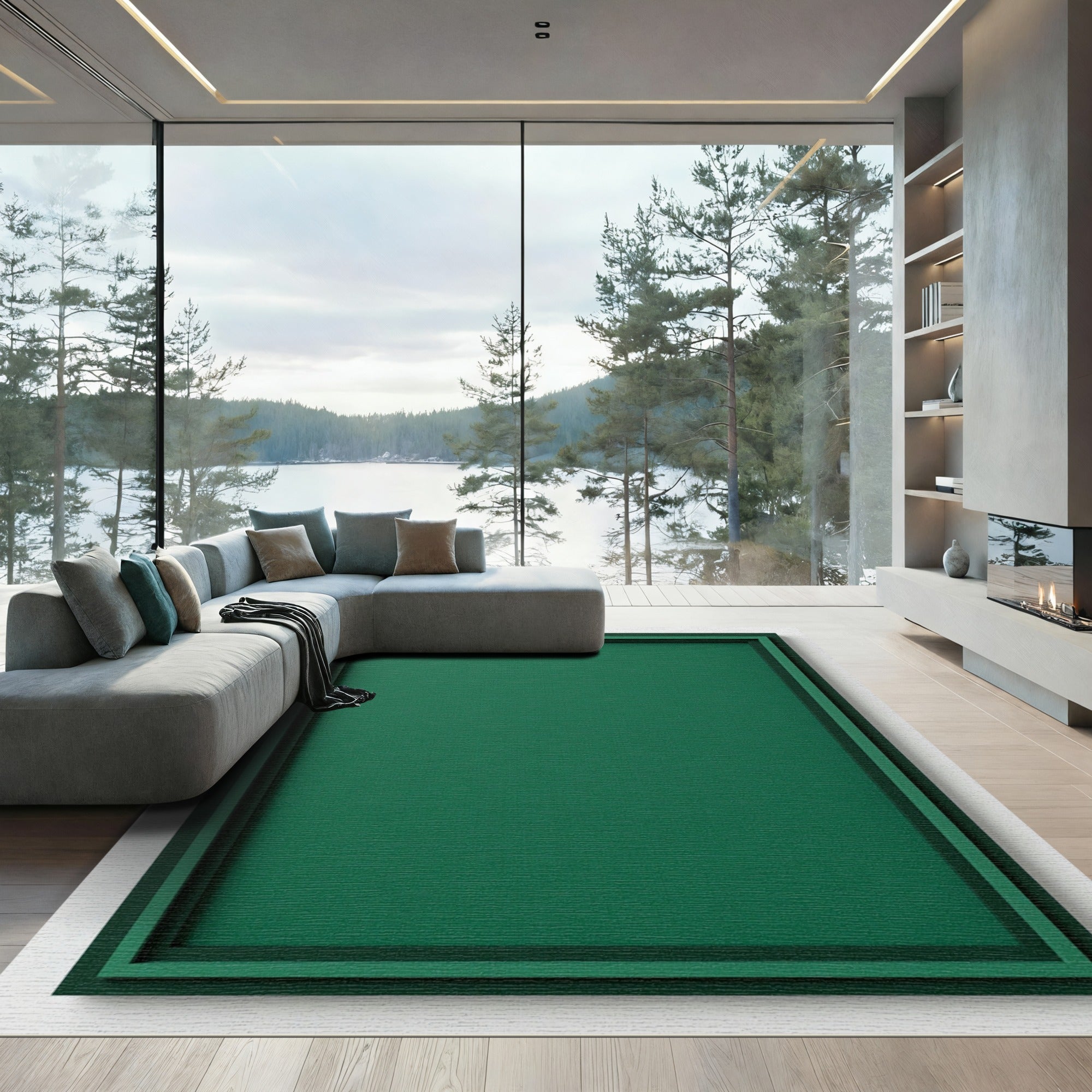 Deep Forest Green Layered Frame Rug