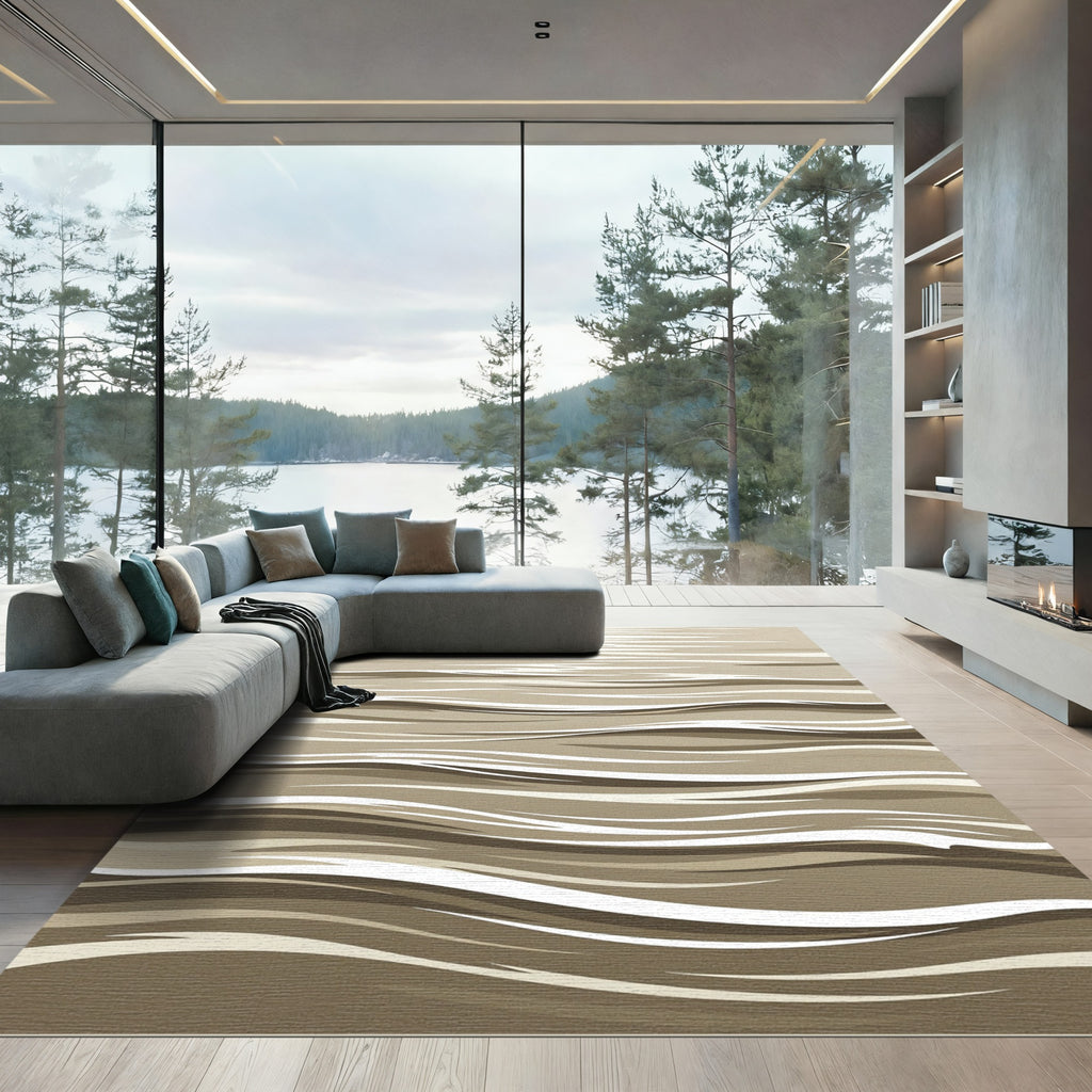 Neutral Minimalist Abstract Wavy Stream Rug