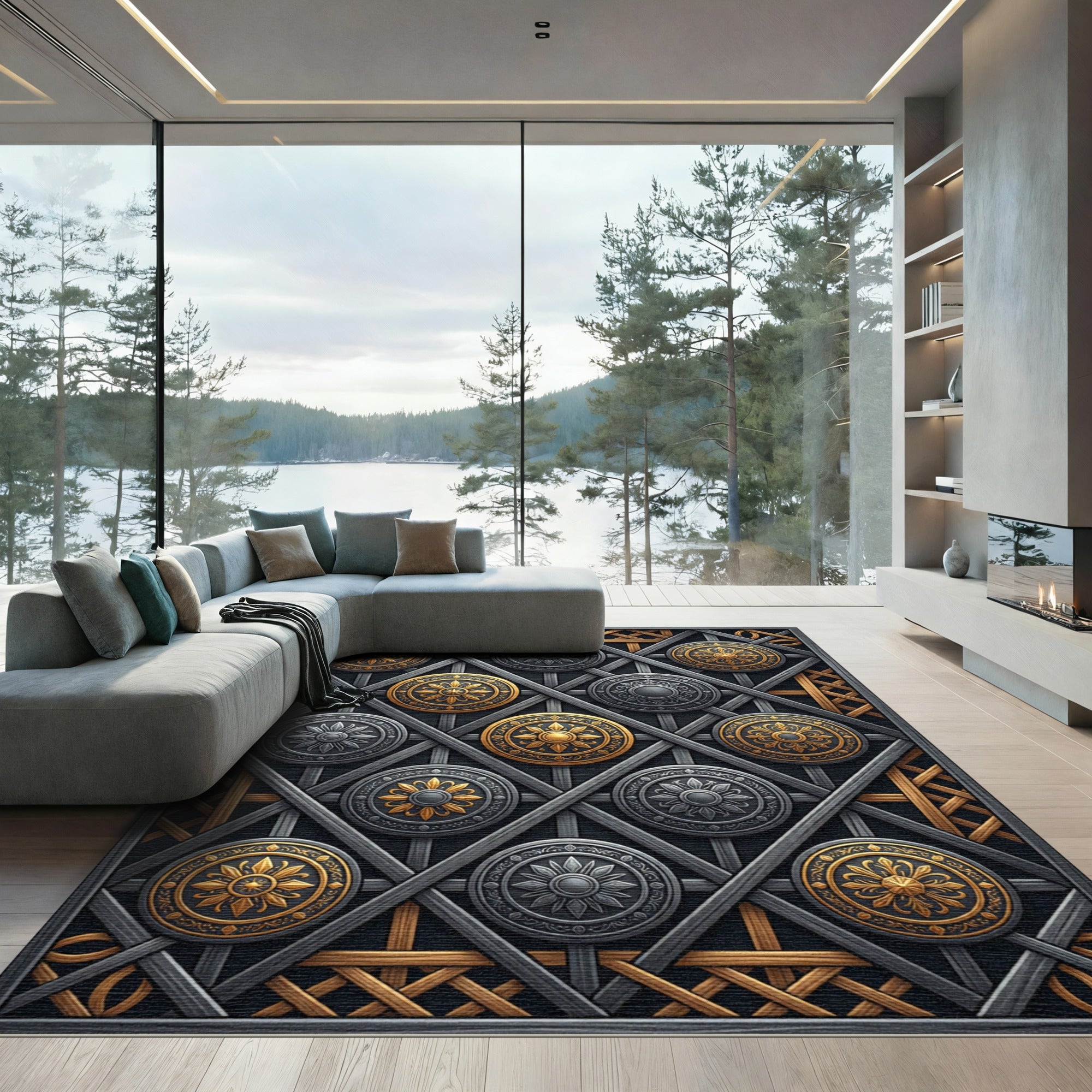 Metallic Gold and Silver Geometric Medallion Rug
