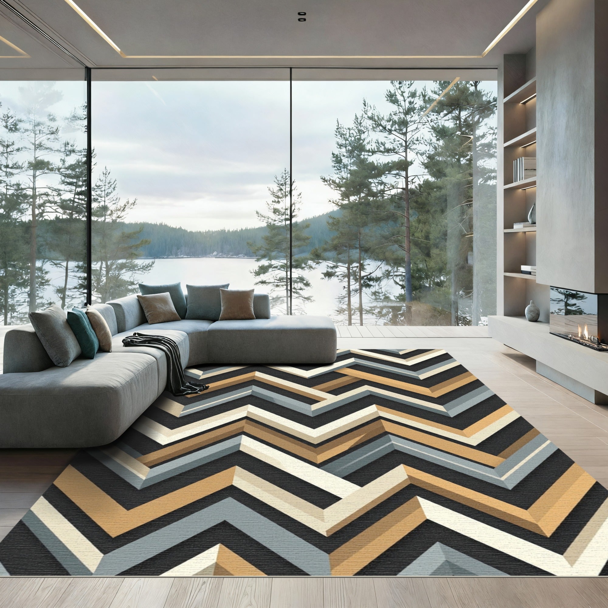Modern Geometric Chevron Interlocking Neutrals Rug