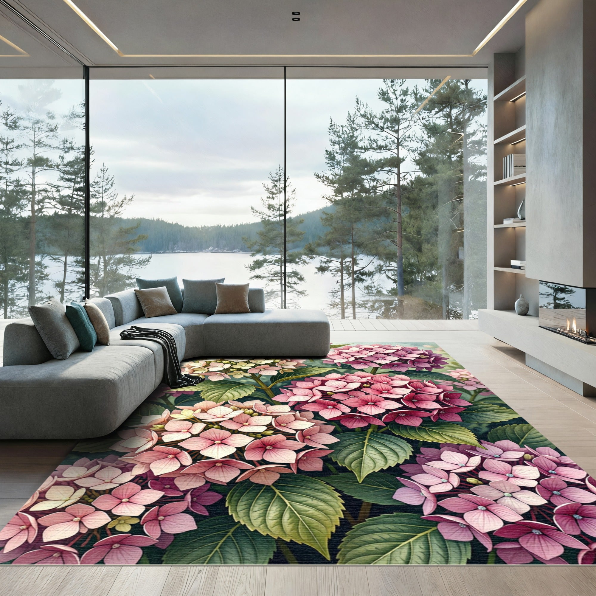 Soft Pink Hydrangea Garden Floral Rug