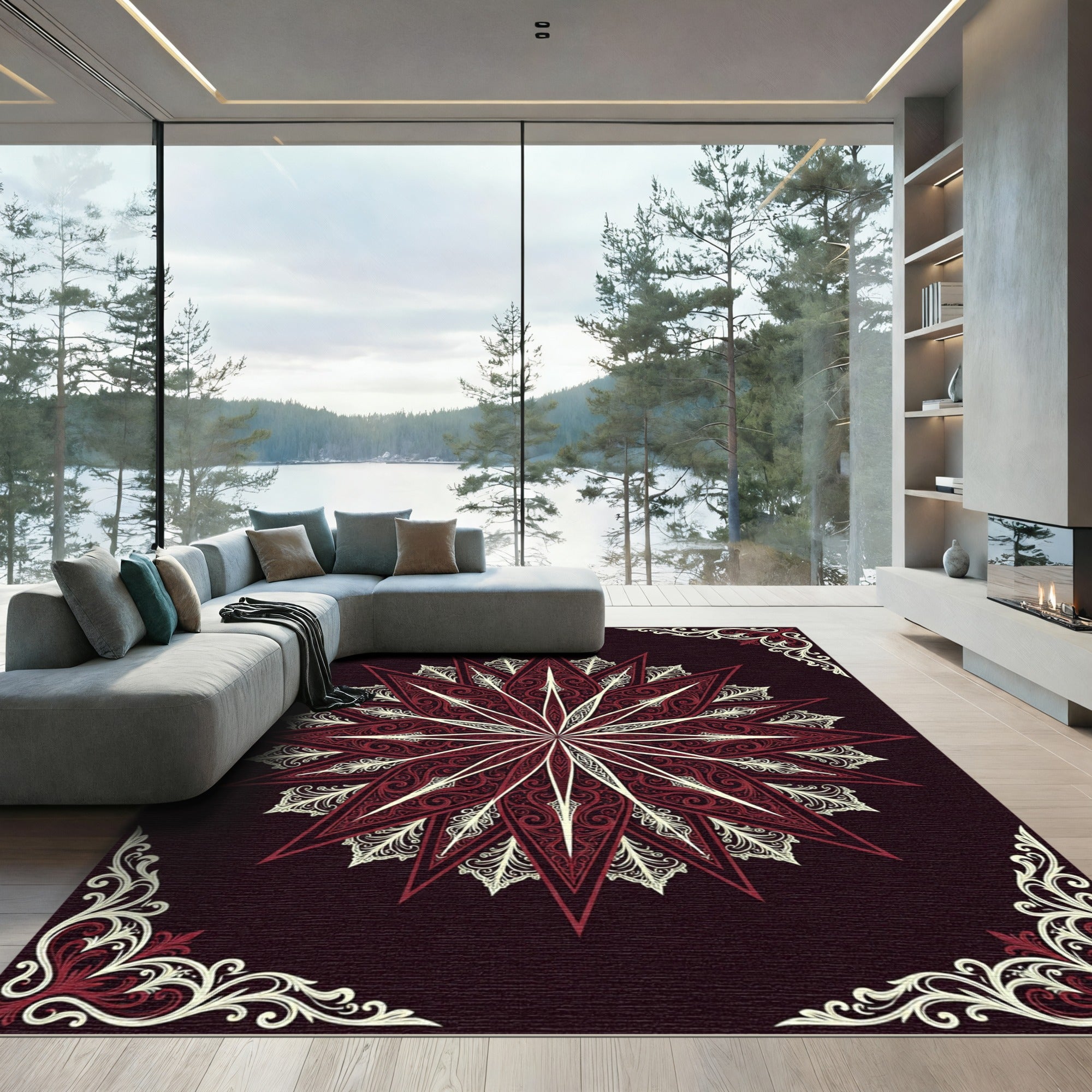 Deep Burgundy White Filigree Star Rug