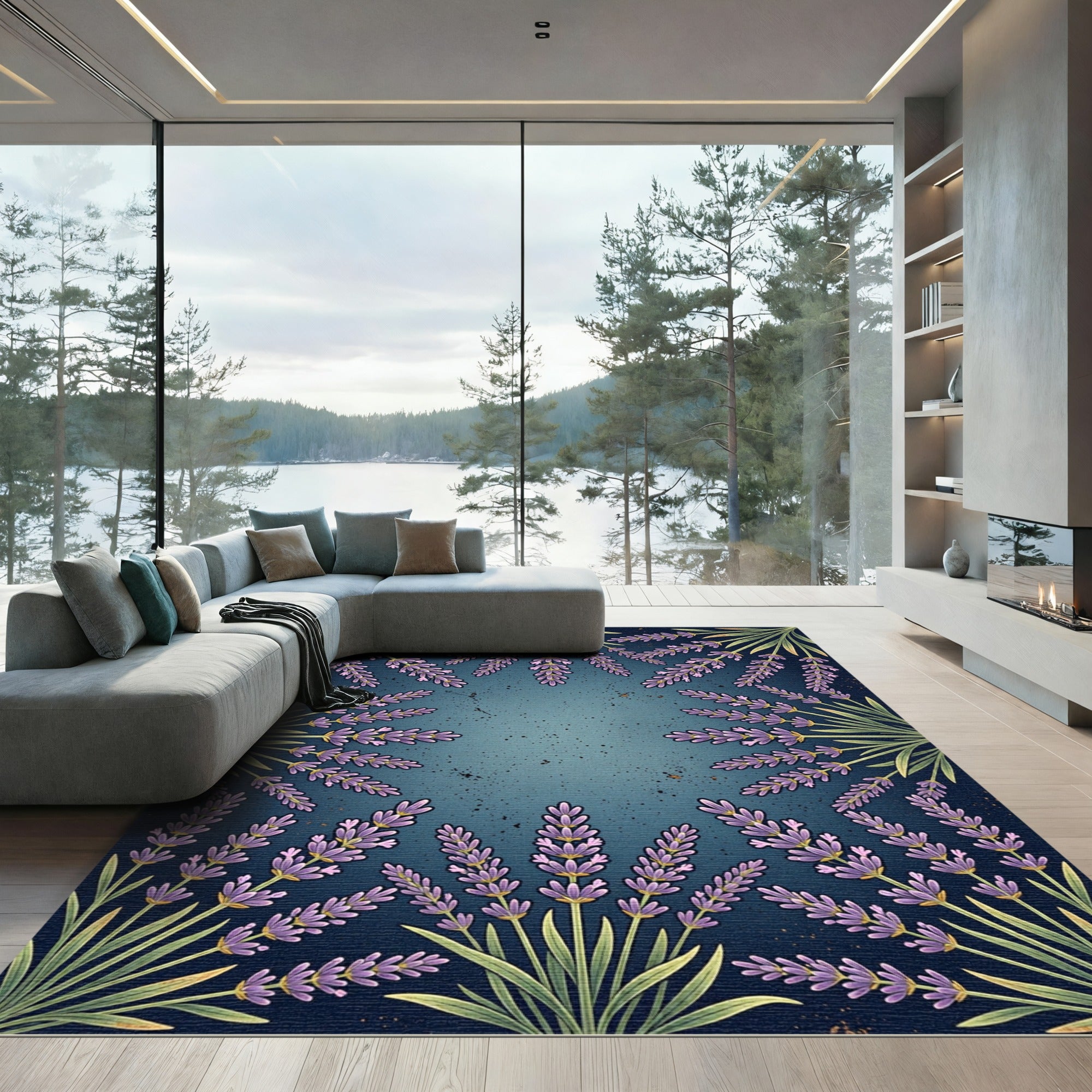 Botanical Lavender Frame Deep Indigo Rug