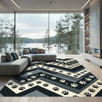 Monochrome Paw Print Chevron Geometric Rug