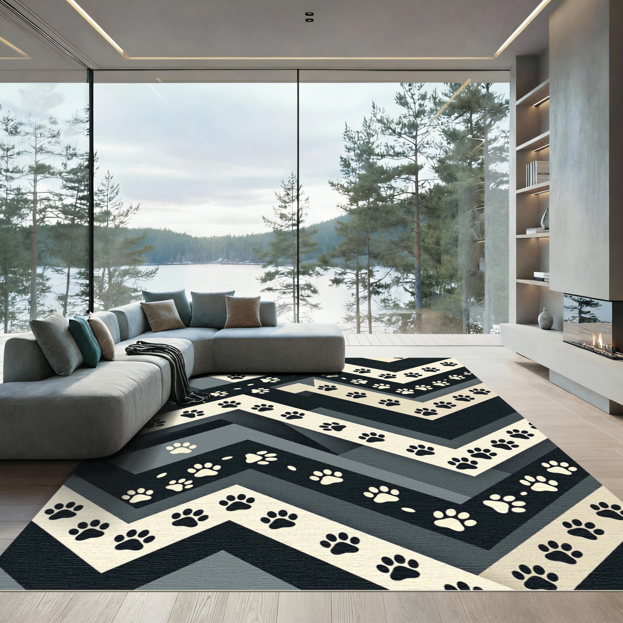 Monochrome Paw Print Chevron Geometric Rug