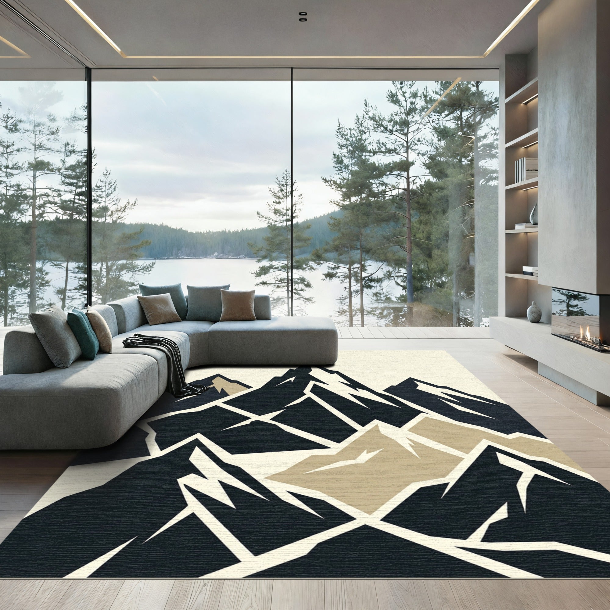 Minimalist Dark Mountain Range Abstraction Rug
