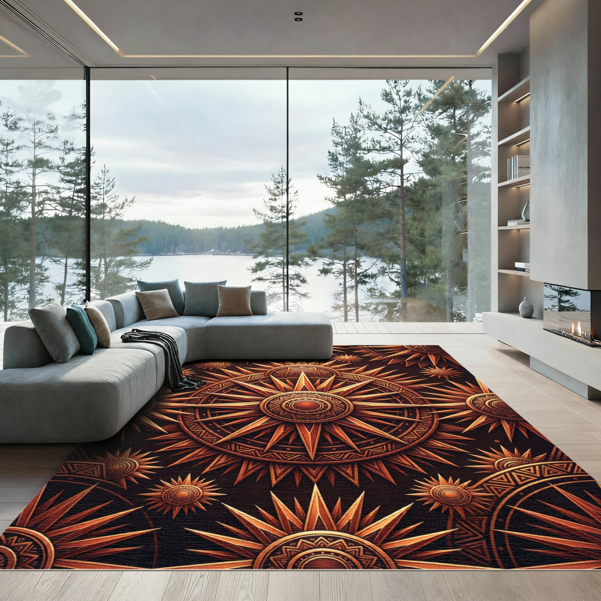 Golden Radiant Sunburst Geometric Art Rug