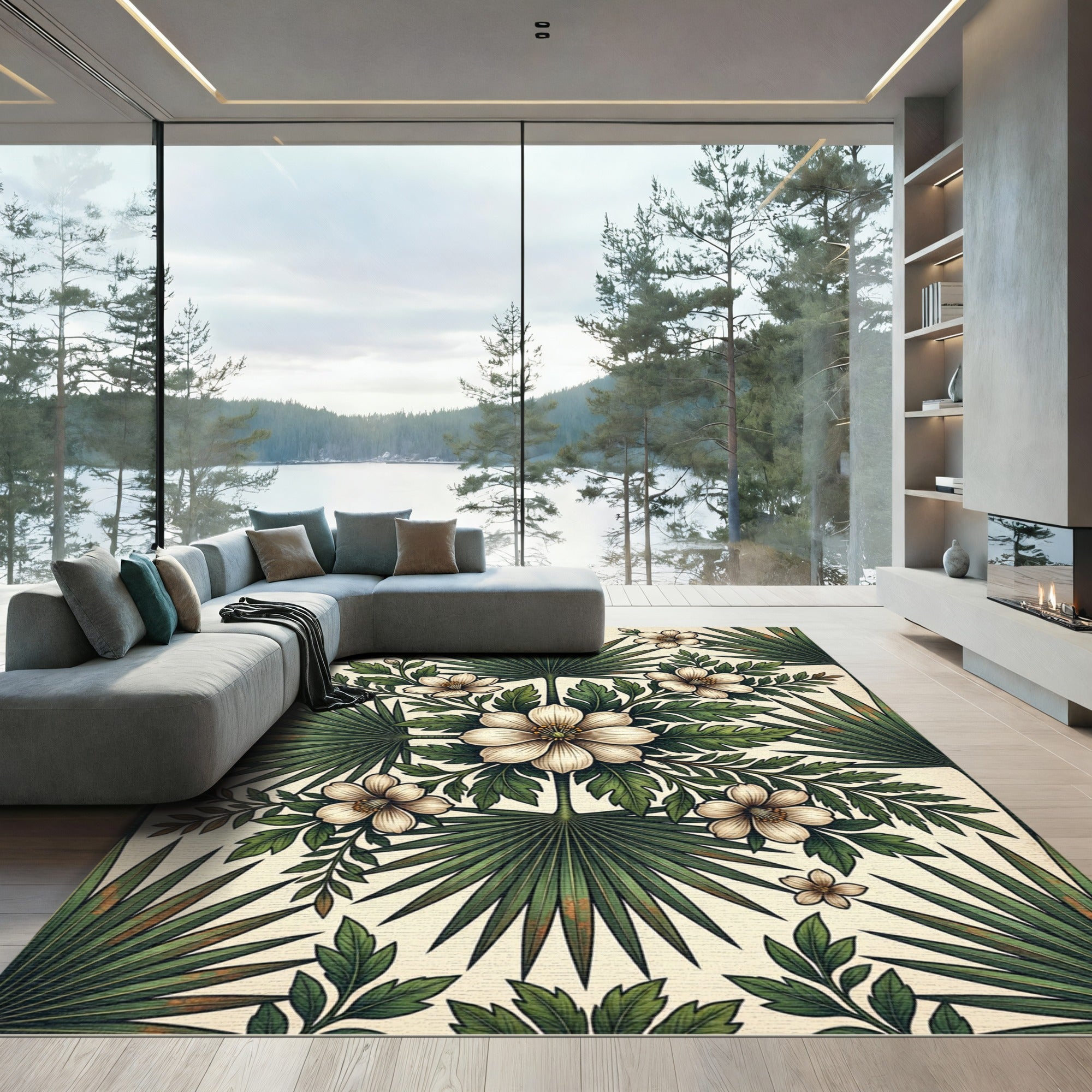 Tropical Cream and Green Palm Foliage Rug