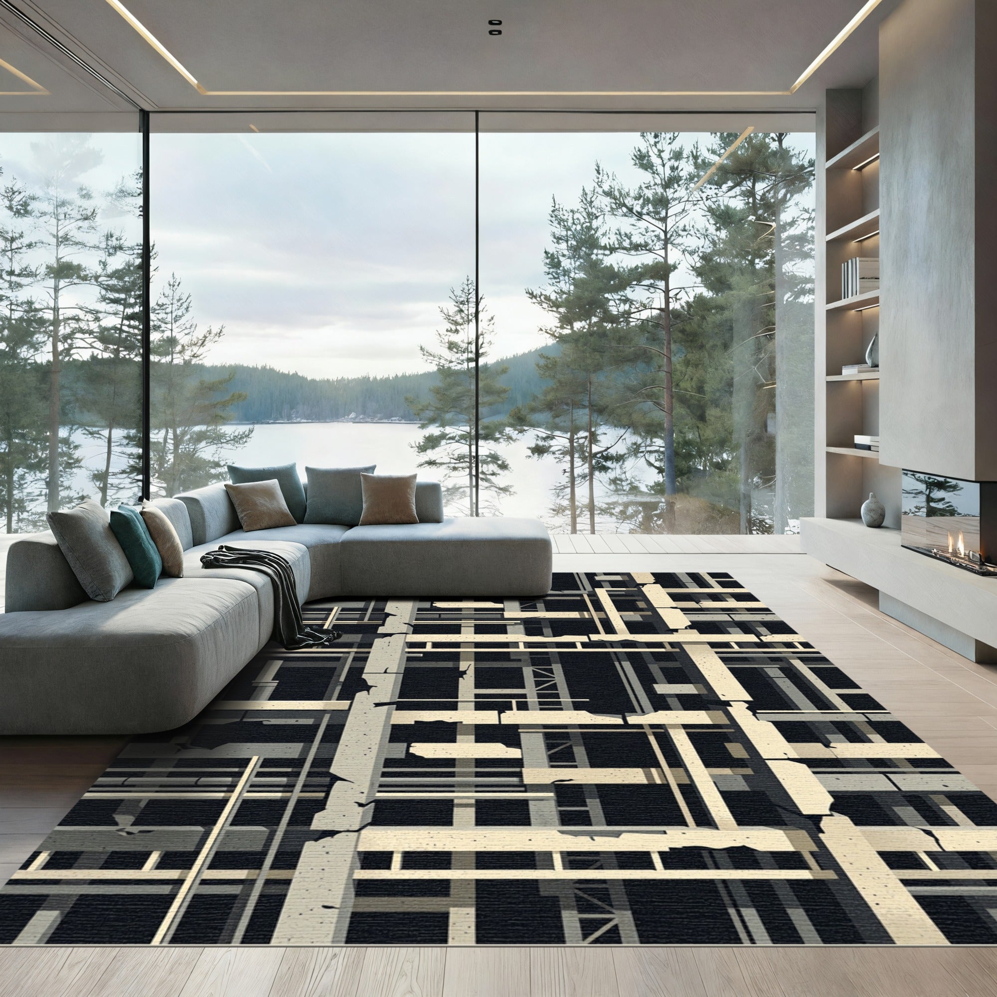Brutalist Concrete Industrial Grid Structure Rug