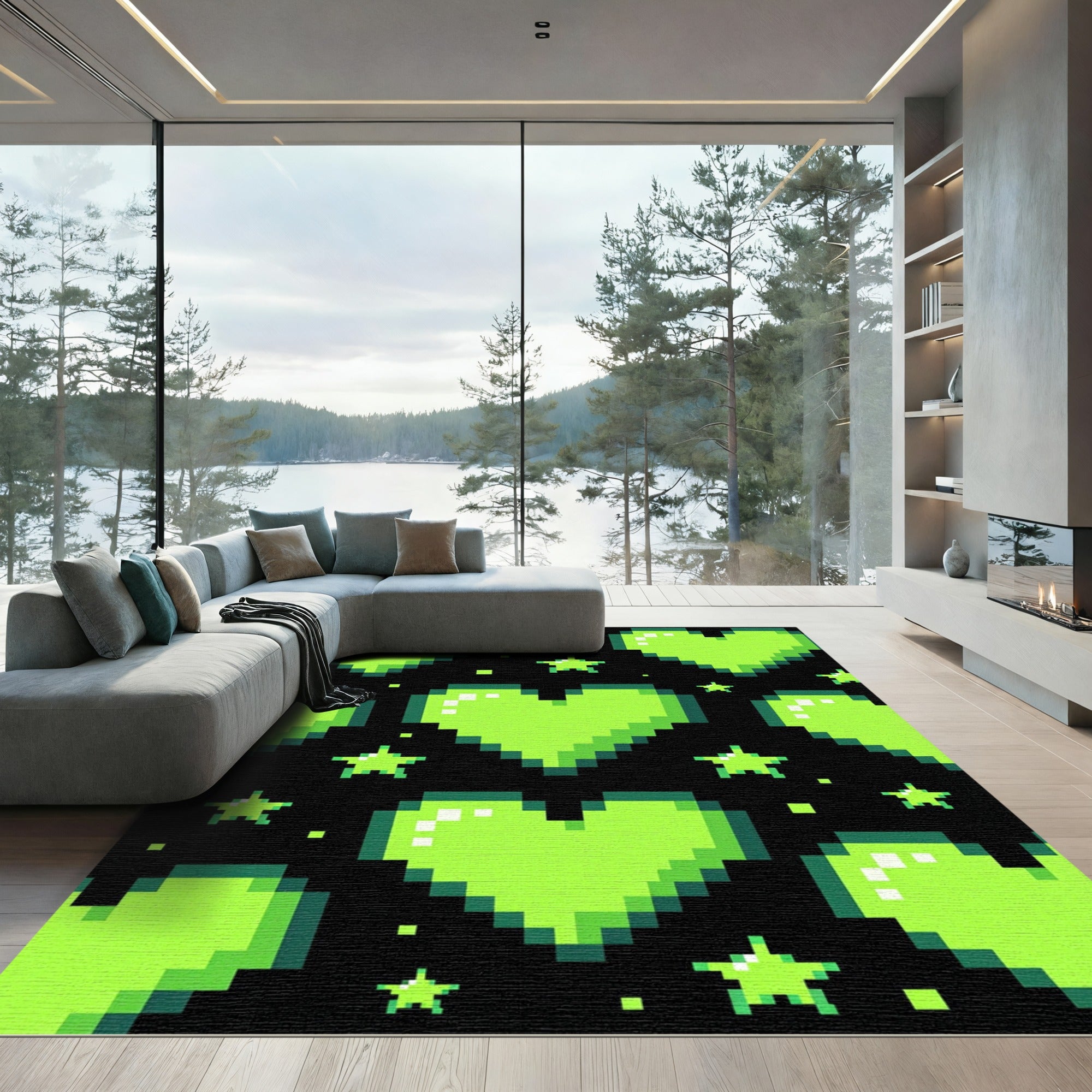 Neon Green Pixel Heart Star Aura Rug