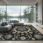 Ornate Black Cream Floral Medallion Rug