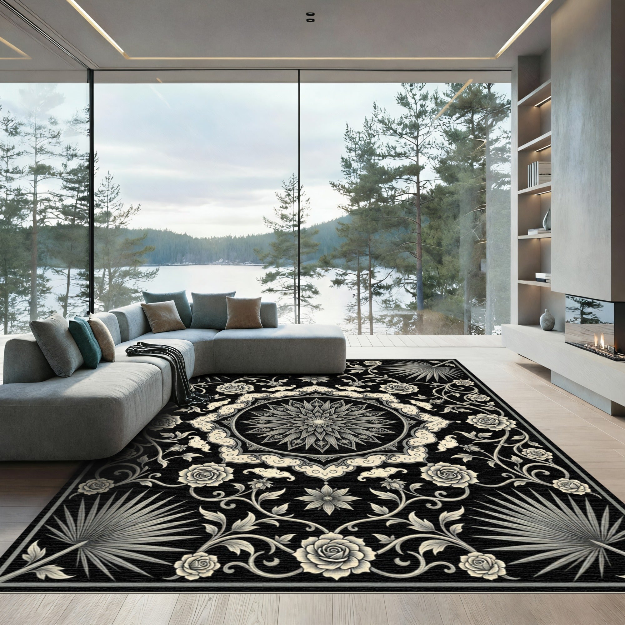 Ornate Black Cream Floral Medallion Rug