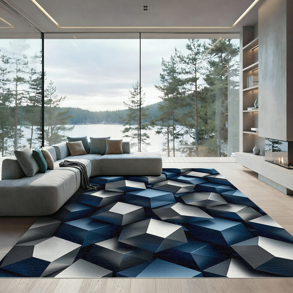 Modern Metallic Blue Geometric Cube Block Rug
