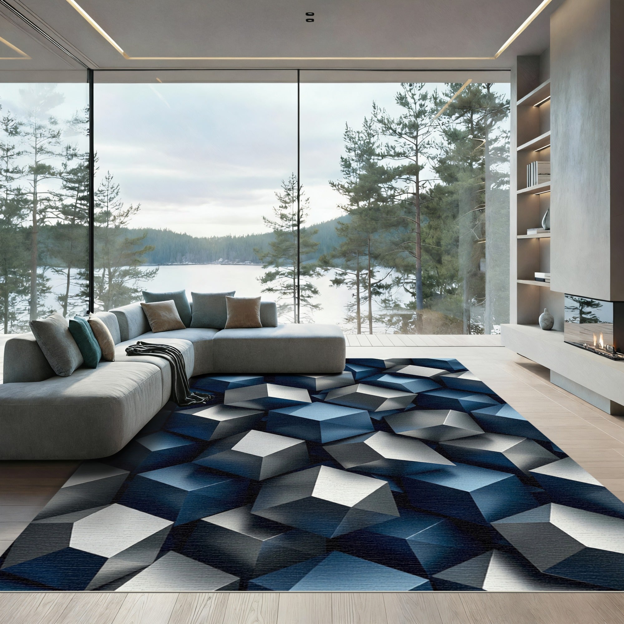 Modern Metallic Blue Geometric Cube Block Rug