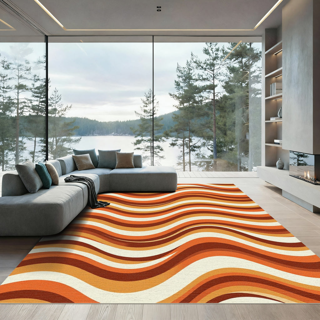 Retro Mid-Century Burnt Orange Wavy Lines Rug