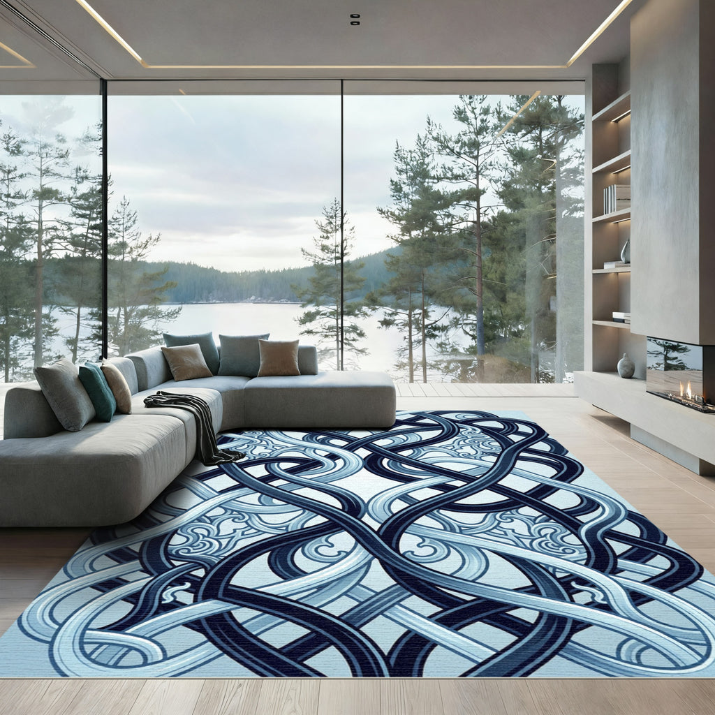 Intertwined Midnight Blue Fluid Wave Art Rug