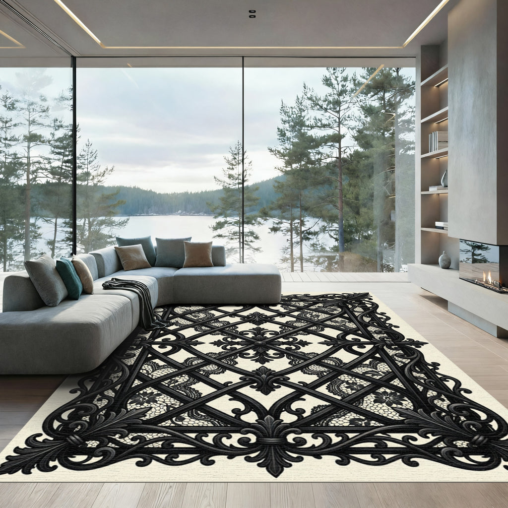 Gothic Black Filigree Lace Ironwork Rug