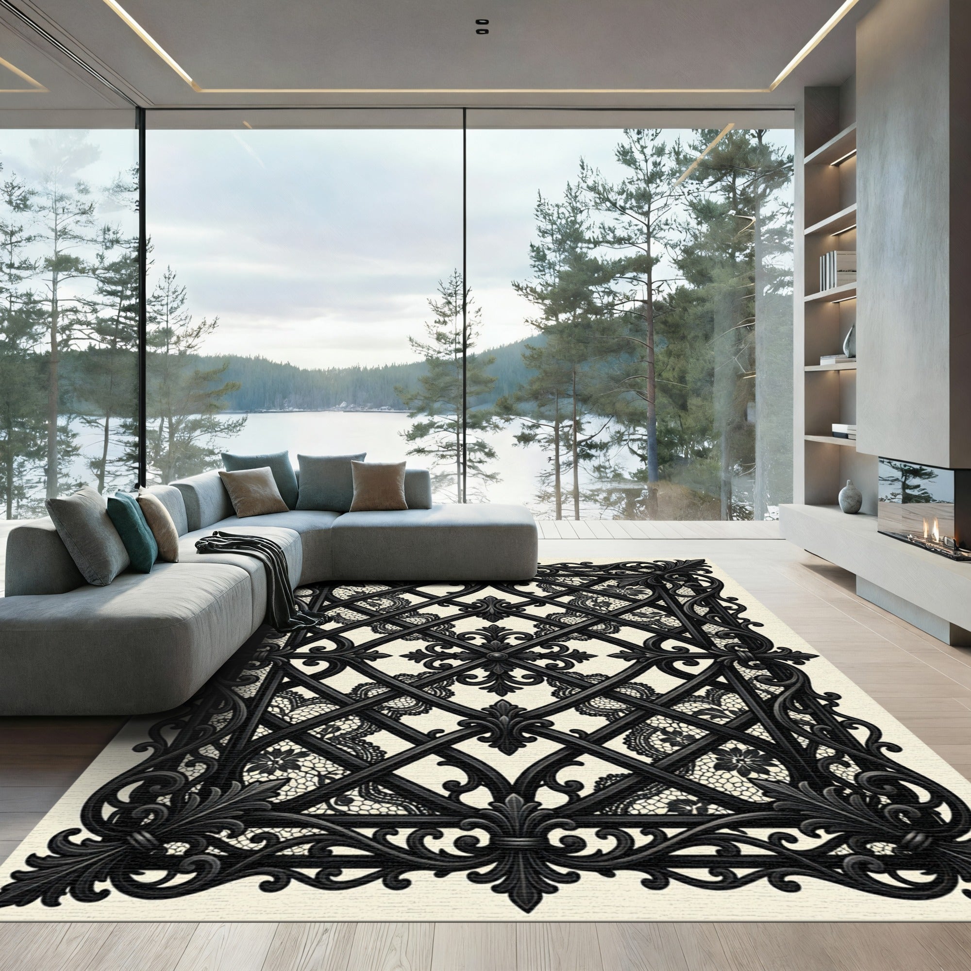Gothic Black Filigree Lace Ironwork Rug