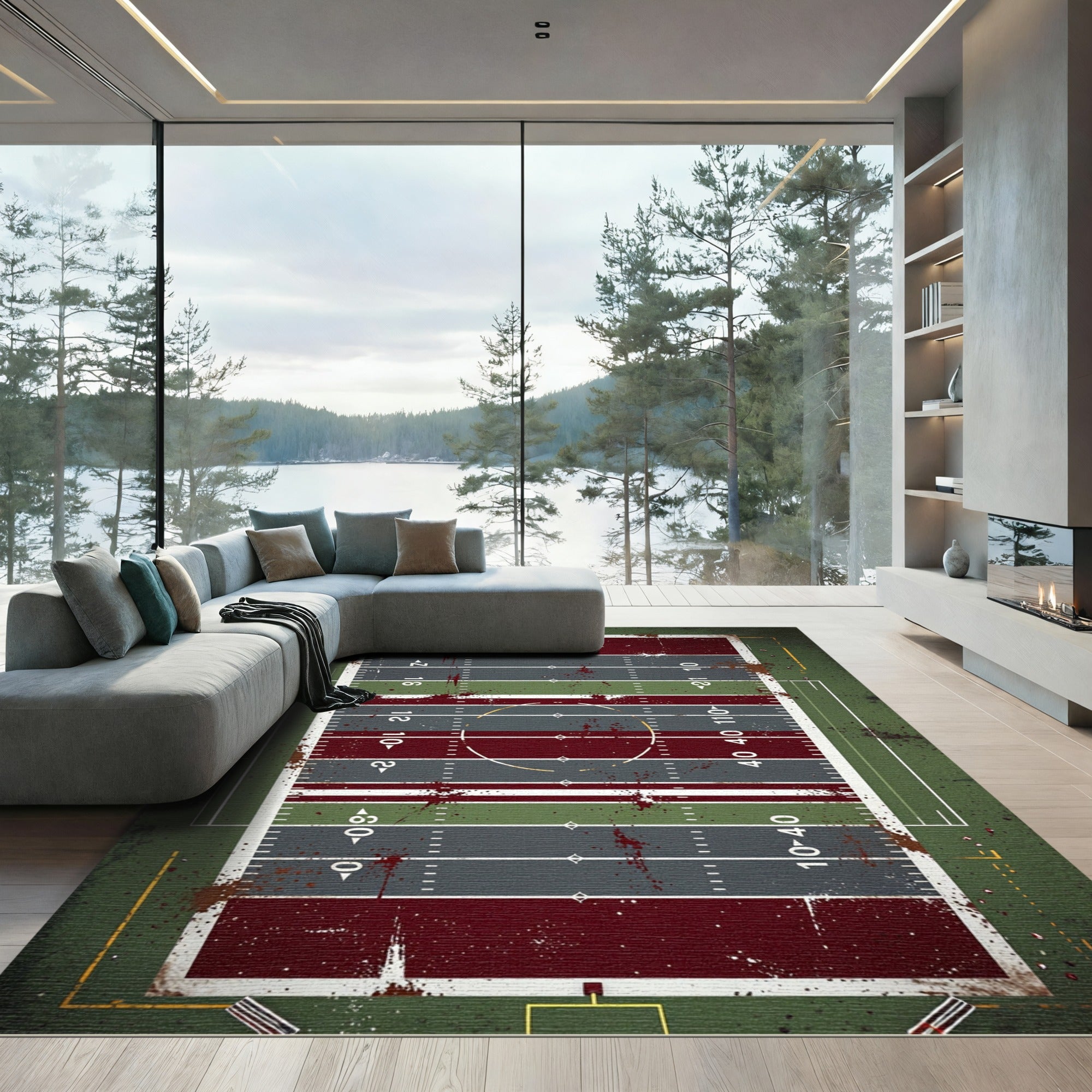 Gritty Crimson And Olive Football Grid Rug