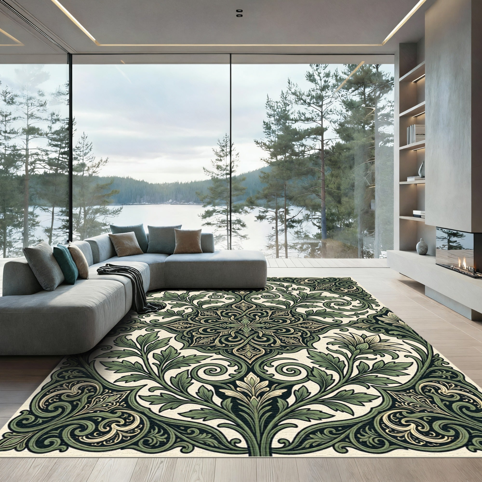 Deep Forest Green Ornate Foliage Medallion Rug