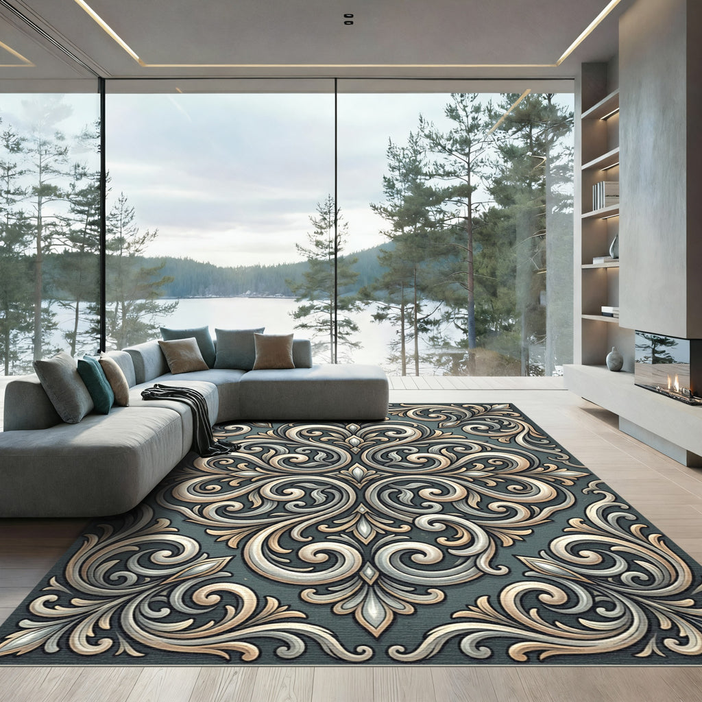 Elegant Ivory Scrollwork Teal Ornament Rug