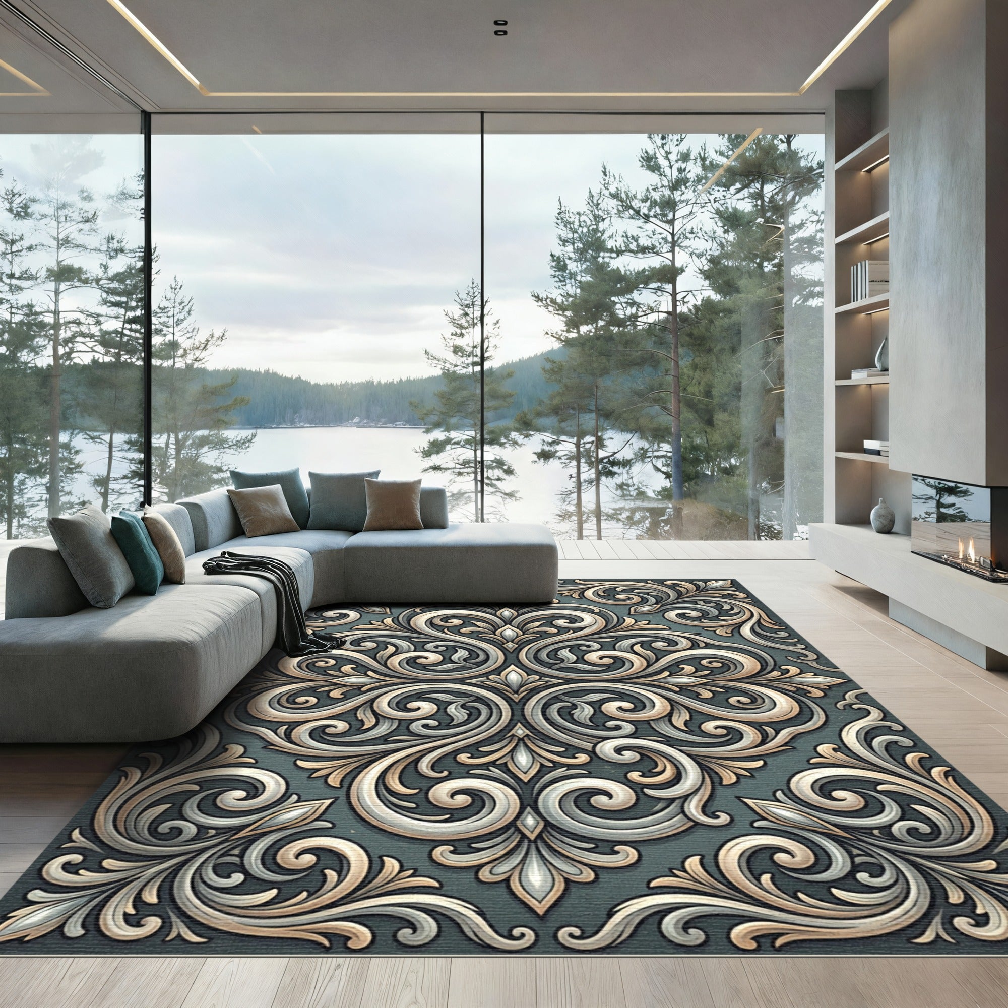 Elegant Ivory Scrollwork Teal Ornament Rug