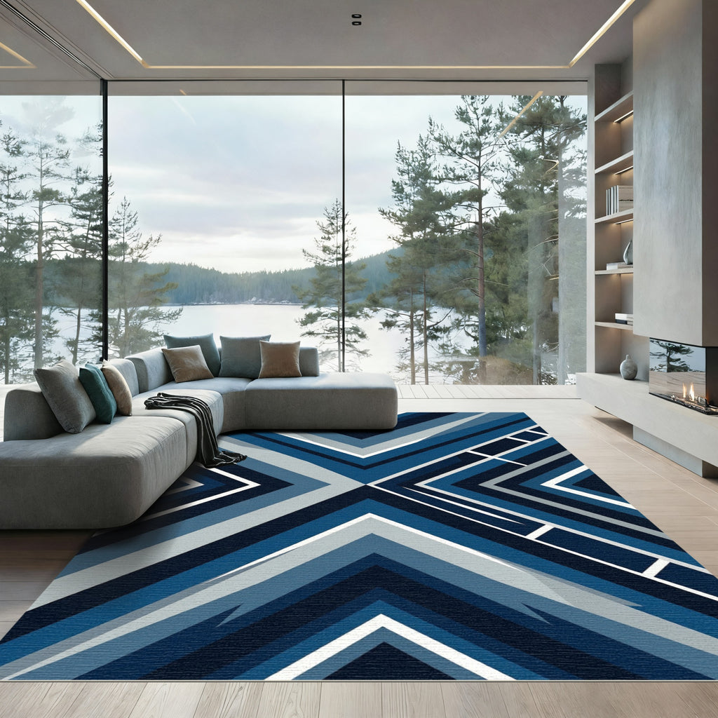 Deep Blue Modern Geometric Chevron Rug