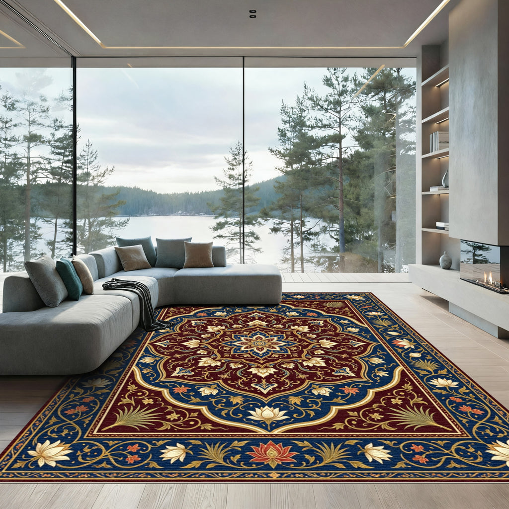 Deep Crimson Gold Lotus Medallion Rug