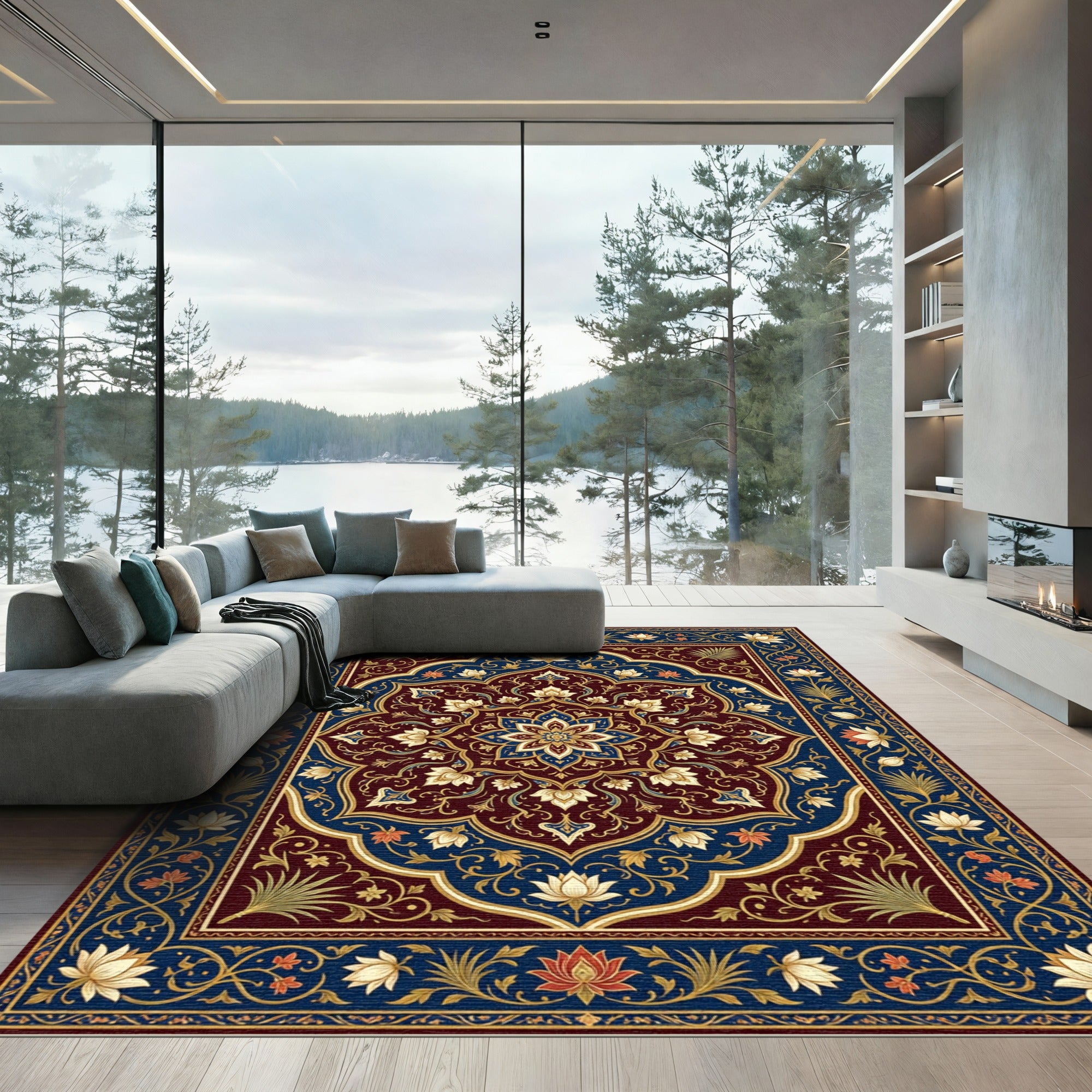 Deep Crimson Gold Lotus Medallion Rug