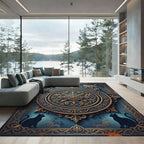 Ornate Golden Feline Medallion Navy Ink Rug