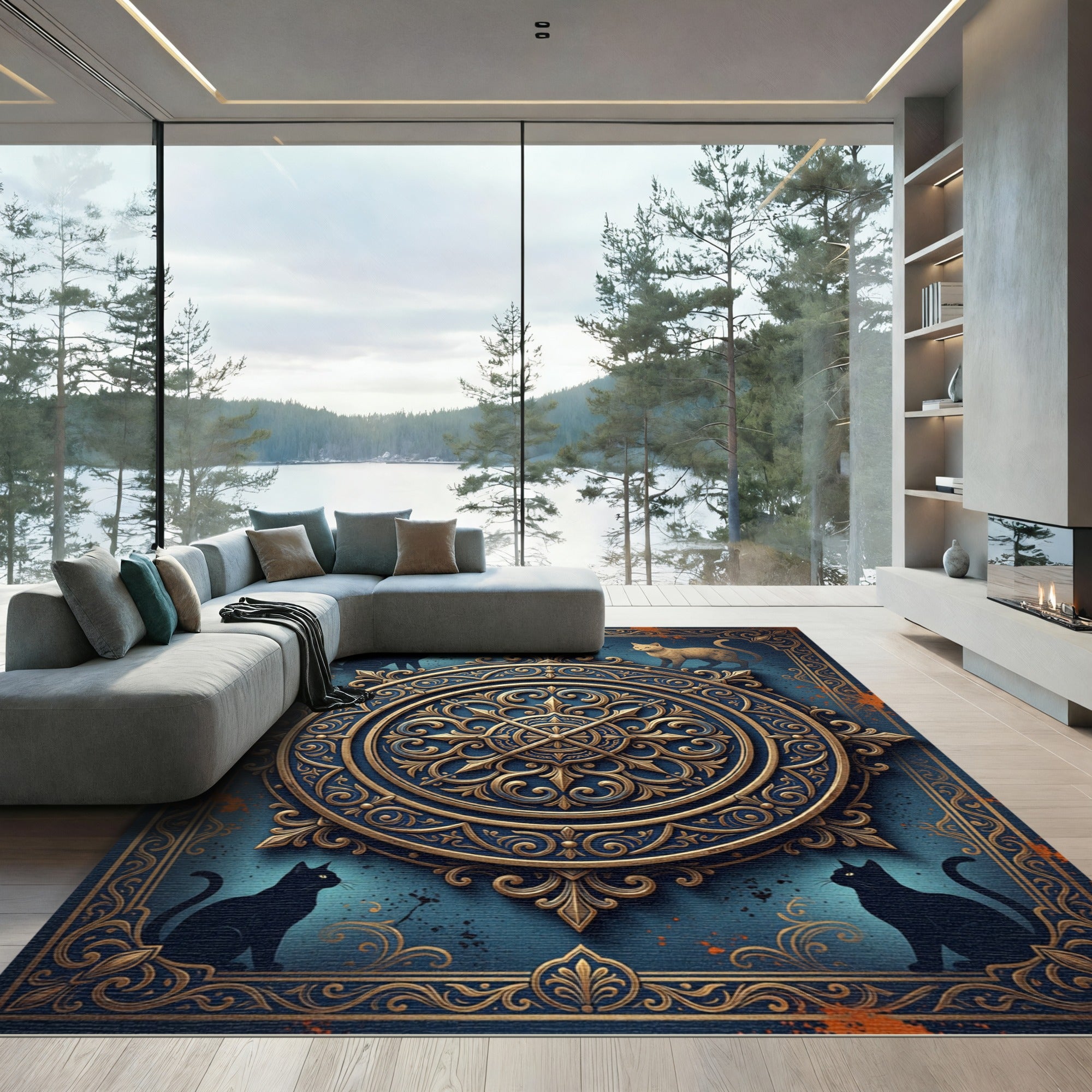 Ornate Golden Feline Medallion Navy Ink Rug