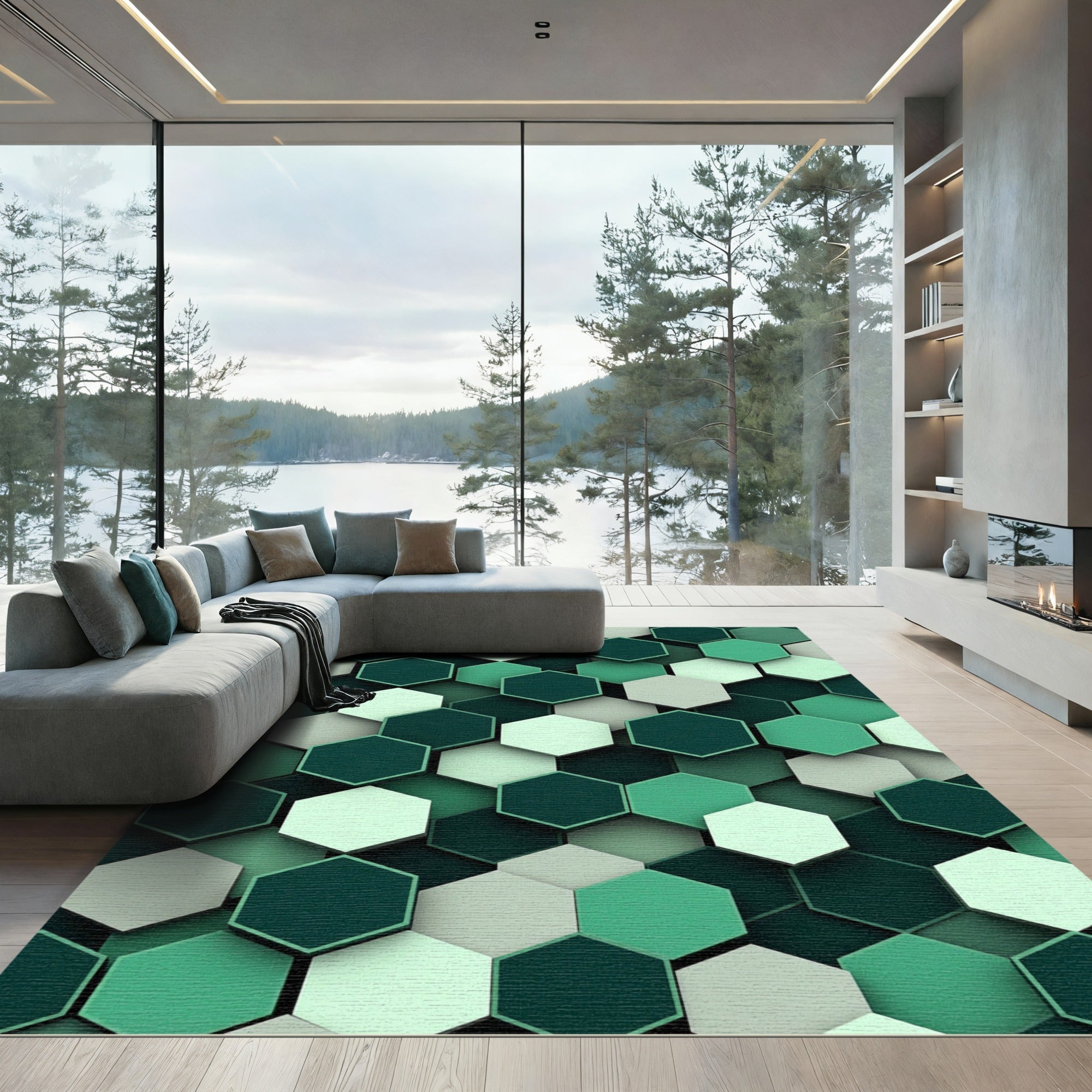 Emerald Green Hexagon Grid Rug