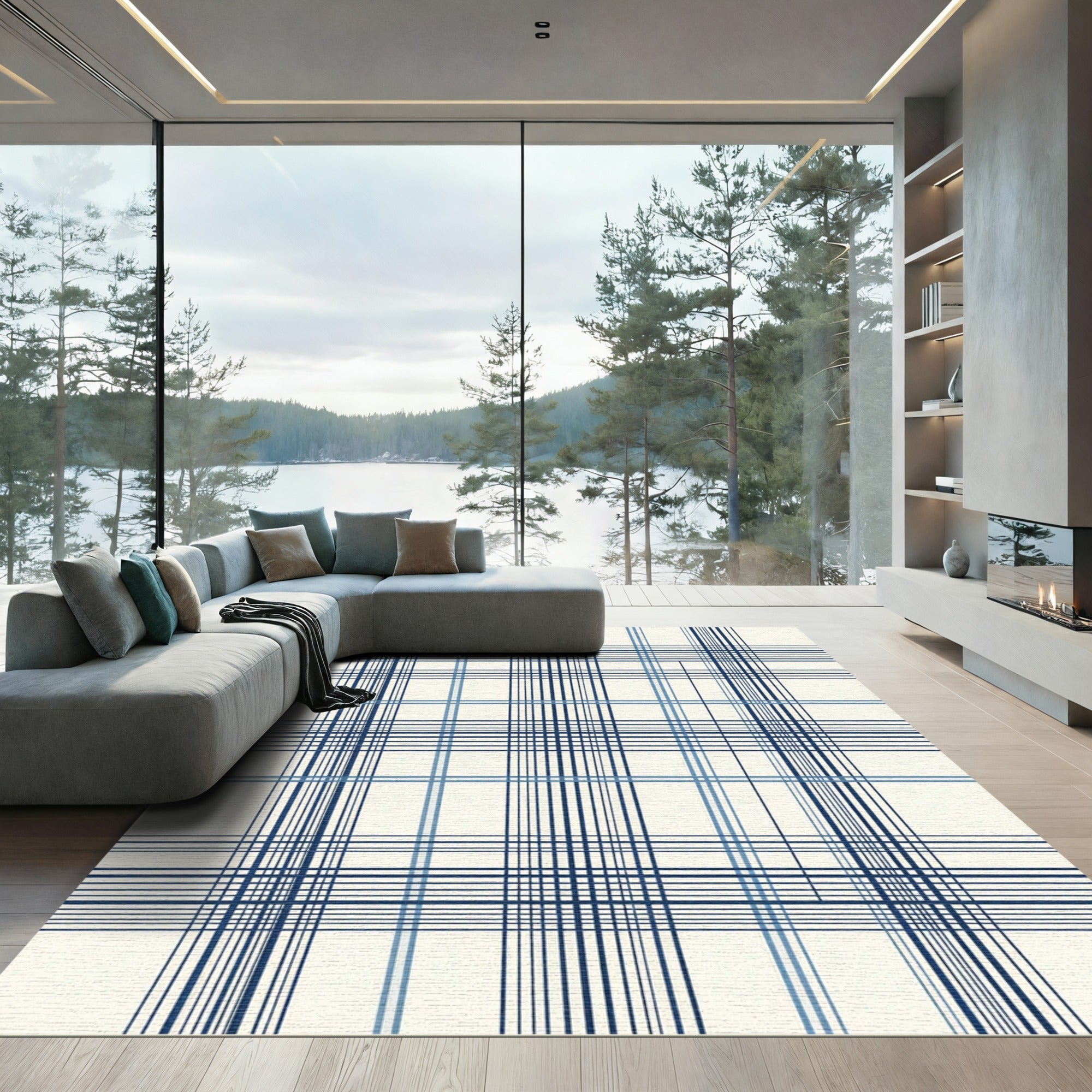 Classic Navy Blue Grid Tartan Rug