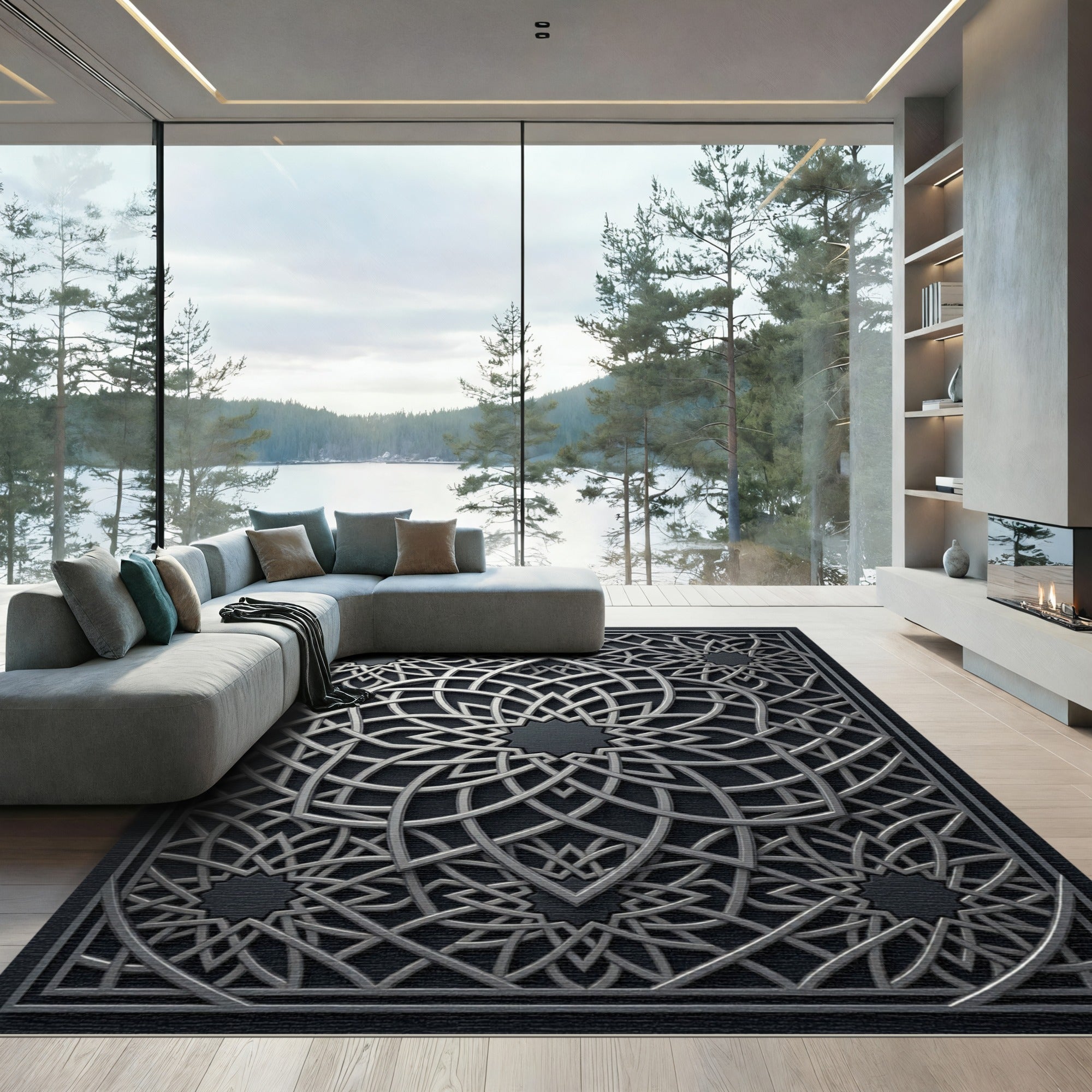 Silver Geometric Medallion Interlocking Lattice Rug