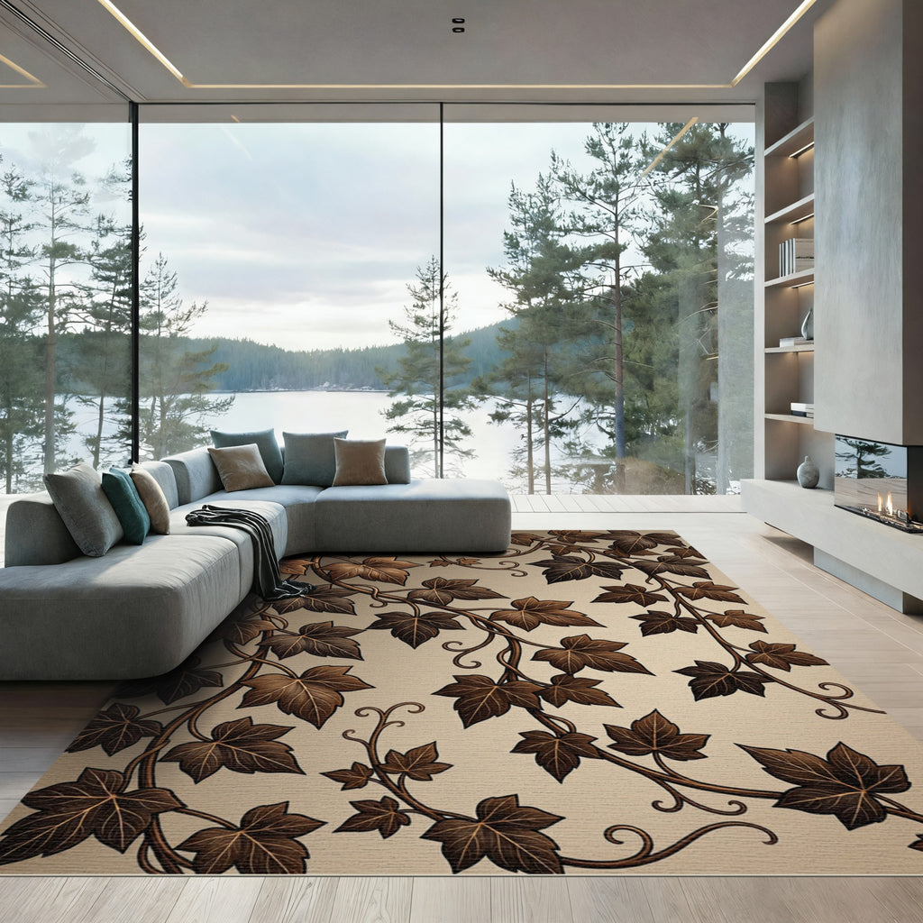 Rich Brown Leaf Vine Scroll Rug