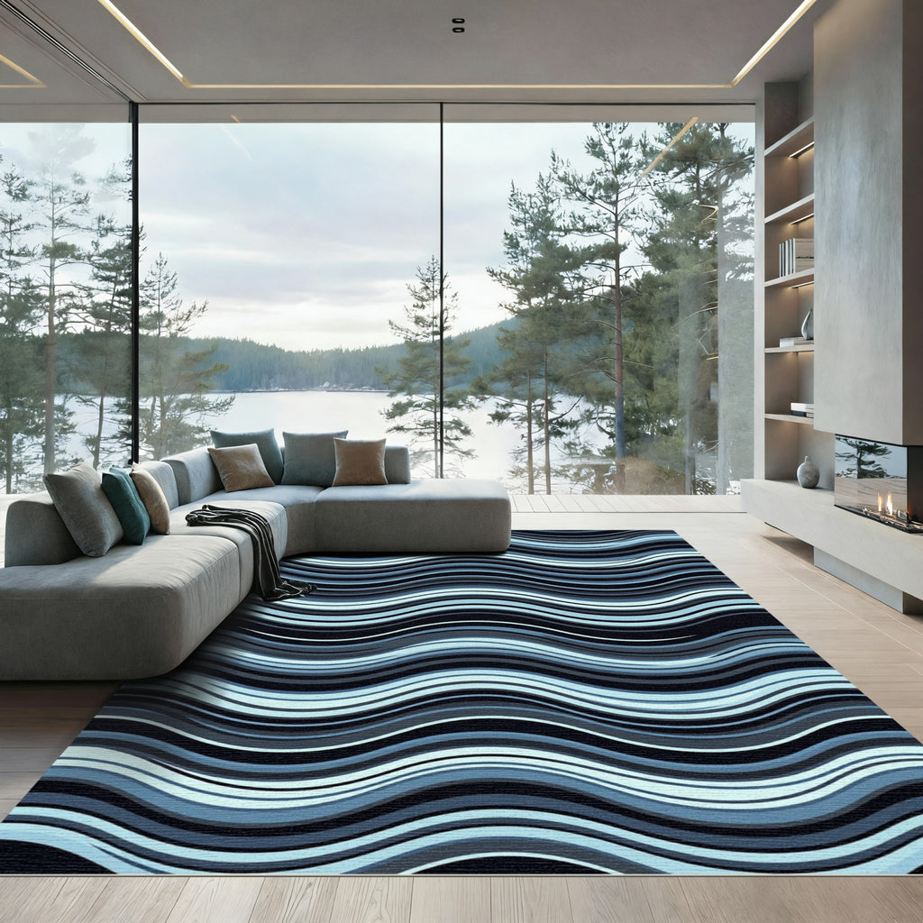Deep Blue Abstract Wavy Stripes Rug