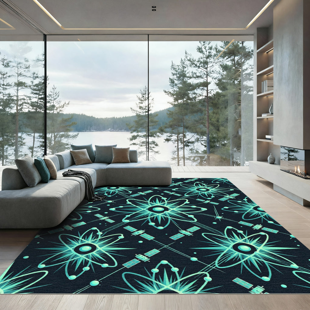 Teal Atomic Satellite SciFi Pattern Rug