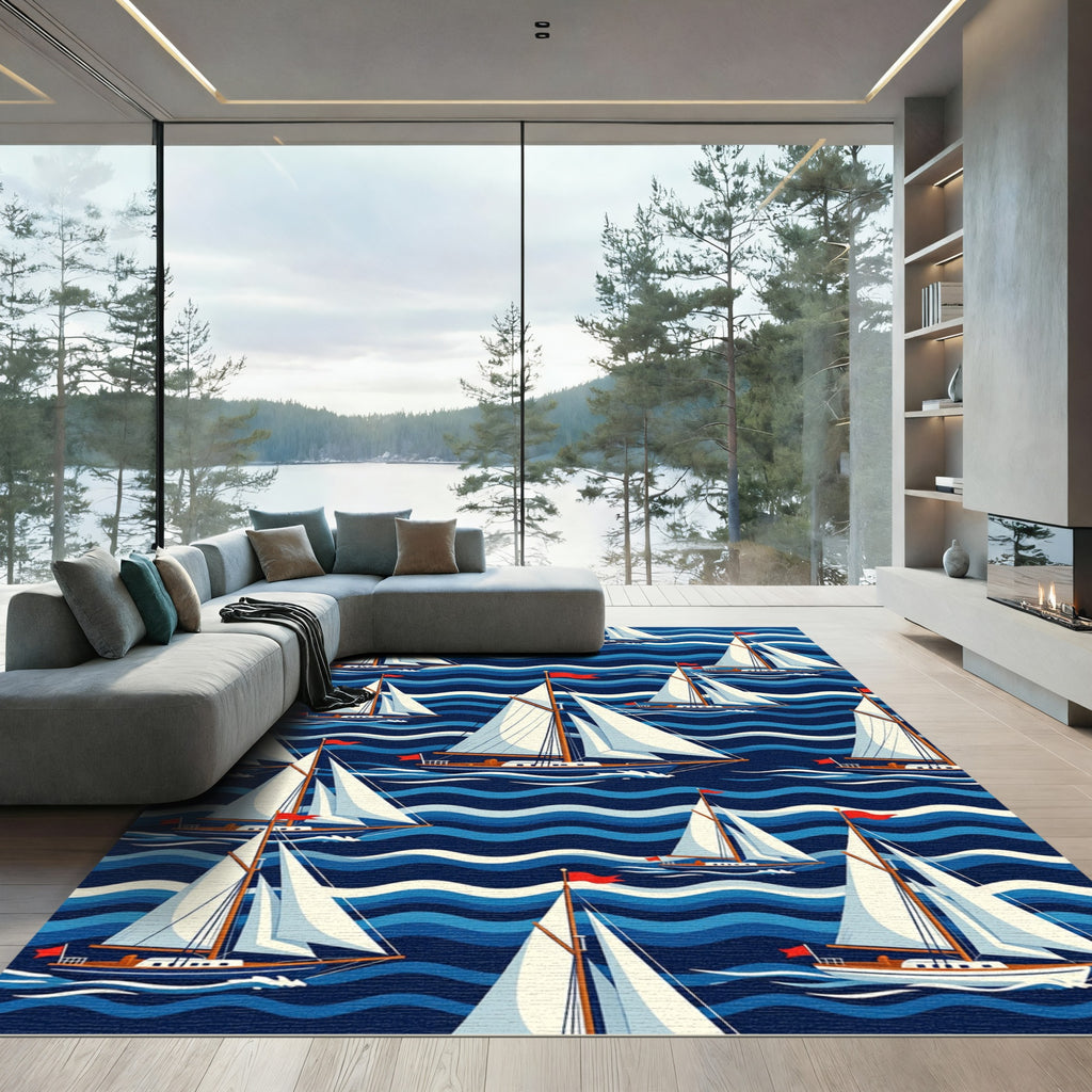 Nautical Blue Sailing Boat Wave Illustration Rug