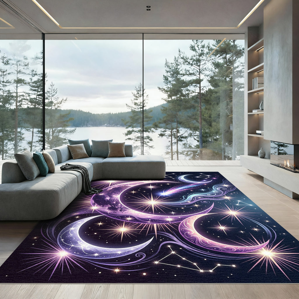 Celestial Purple Lunar Crescent Starry Sky Rug